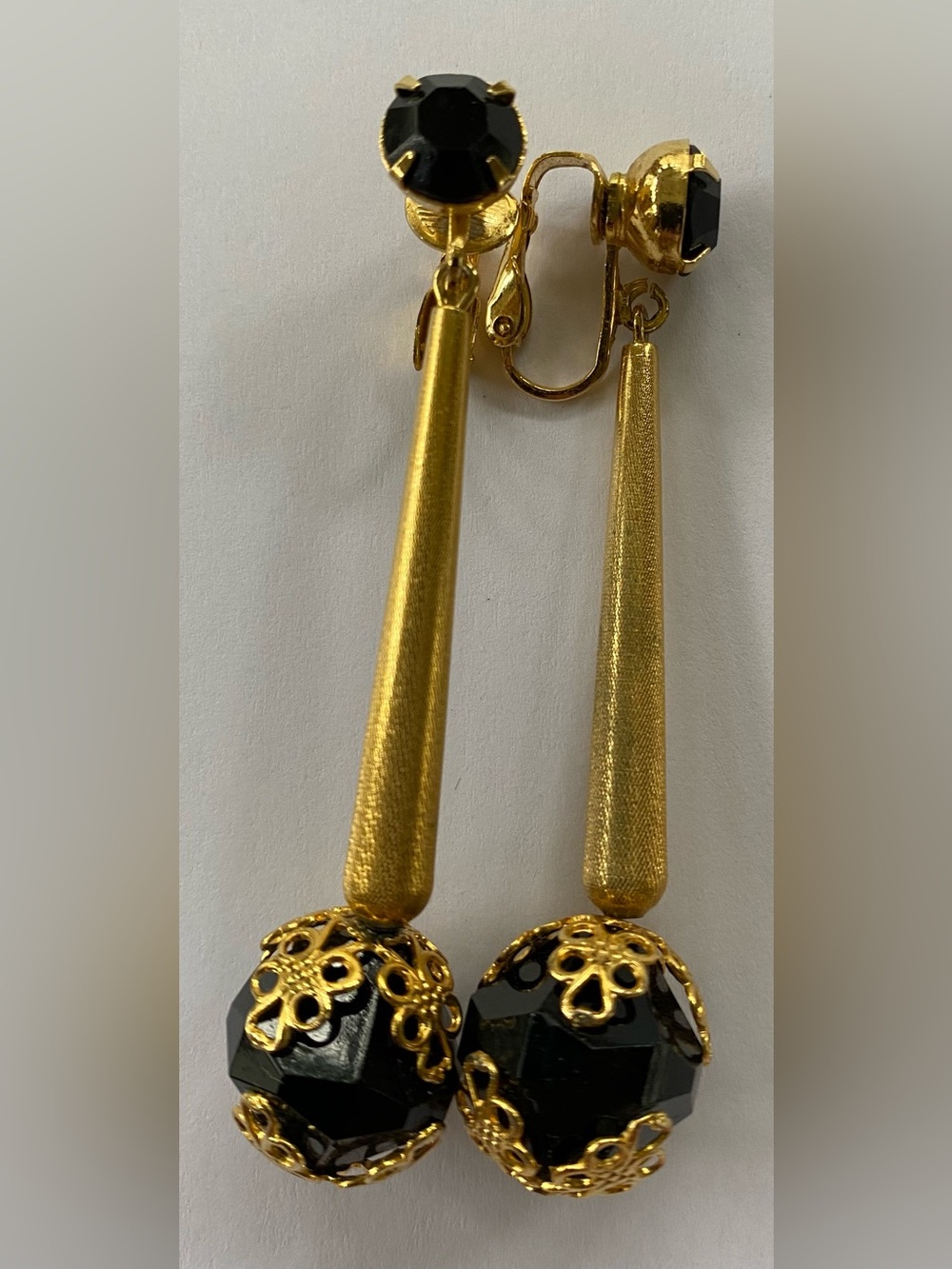 Unique Vintage Gold-tone Drop Earrings with Black Beaded Accents